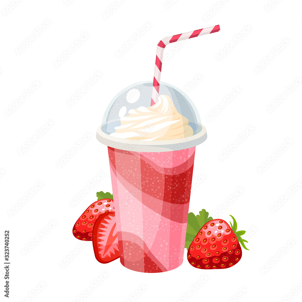 Colorful fruit milkshake design. Plastic cup with lid and straw, full of  strawberry milk shake. Vector illustration cartoon flat icon isolated on  white. Stock Vector