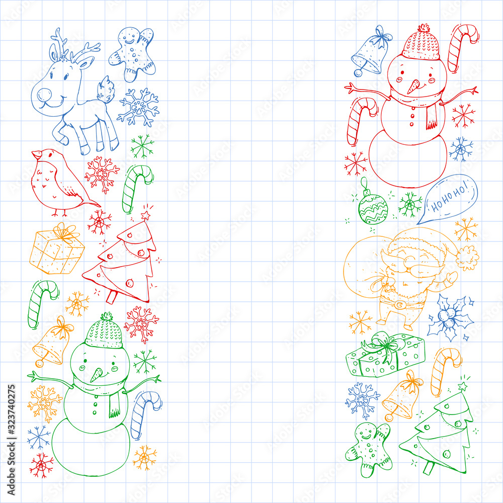 Fototapeta premium Christmas winter party. Happy new year. Bullfinch, Santa Claus, snowman, deer. Presents and candy.