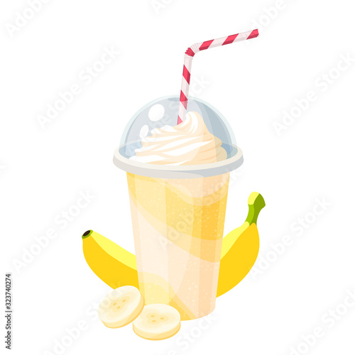Colorful fruit milkshake design. Plastic cup with lid and straw, full of banana milk shake. Vector illustration cartoon flat icon isolated on white.