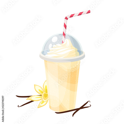 Colorful fruit milkshake design. Plastic cup with lid and straw, full of vanilla milk shake. Vector illustration cartoon flat icon isolated on white.