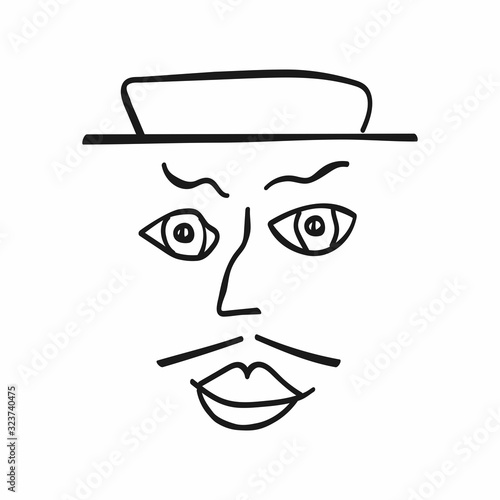 Sketch of a man with a mustache and a hat. Abstract portrait drawn by hand. Vector illustration.