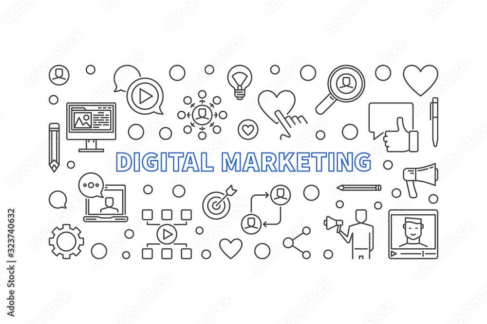 Digital Marketing concept thin line horizontal banner. Vector illustration