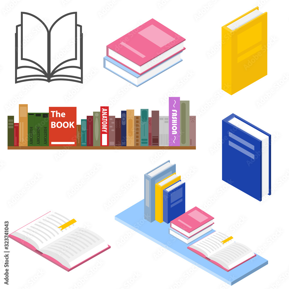 Books, set of books in flat design and in isometric. Vector, cartoon illustration of books. Books, set of books in flat design and in isometric. Vector, cartoon illustration of books.