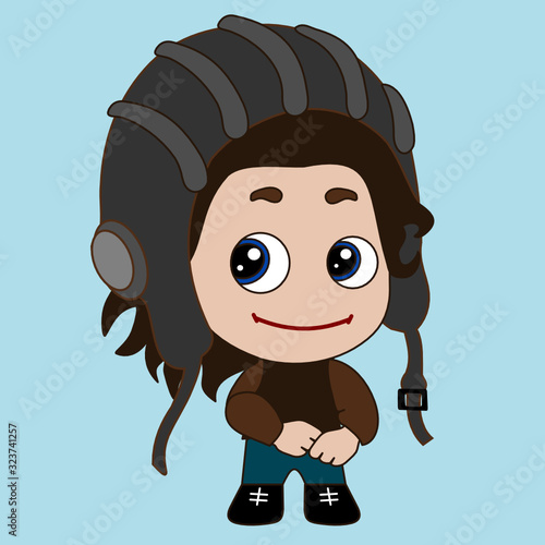 emoticon with tank crewman wearing a special protective helmet with headphones, army trooper or soldier from tank crew in a flexible helm, chibi vector emoji in color