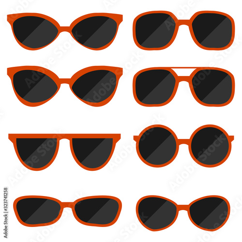 Sunglasses, set of sunglasses isolated on white. Vector, cartoon illustration of red sunglasses.
