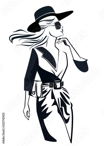 Abstract beautiful woman in hat in lines. A beautiful girl's face. Hand drawn vector illustration.