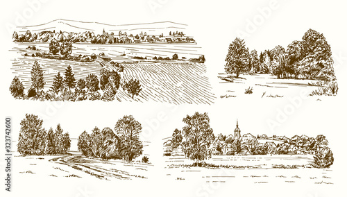 Countryside village landscape with church and houses. Hand drawn vector illustration.