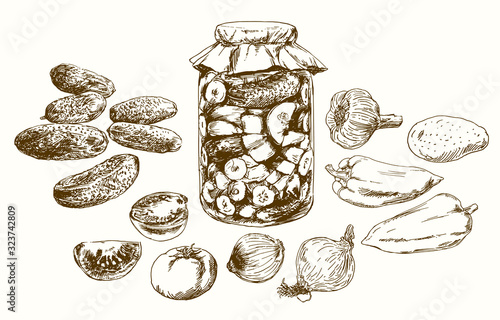 Jar with pickled vegetables. Hand drawn set.