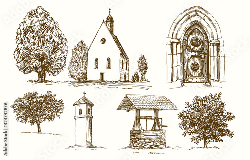 Fototapeta Rural country church. Hand drawn set.