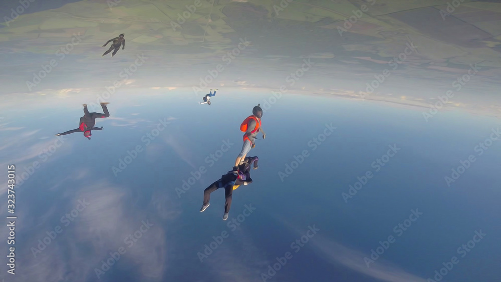 Future. Freedom as a way of life. Skydiver landed on the ground. Parachutist in professional equipment. Team of active sports. Future. Freedom as a way of life. Skydiver landed on the ground. Parachutist in professional equipment. Team of active sports.