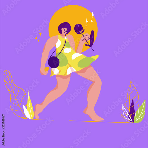 illustration of young woman walk with flower in trendy flat style - female character with big hand and foot