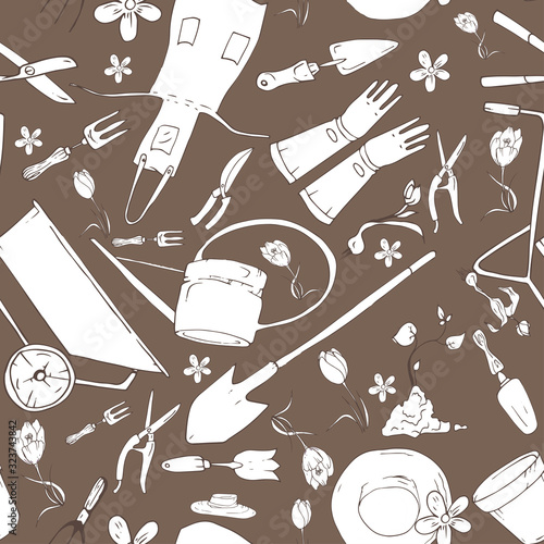 Seamless pattern with hand-drawn black-and-white tools for gardening or beautification of the pre-home area or flower beds, pattern on a beige-brown background. Vector eps10