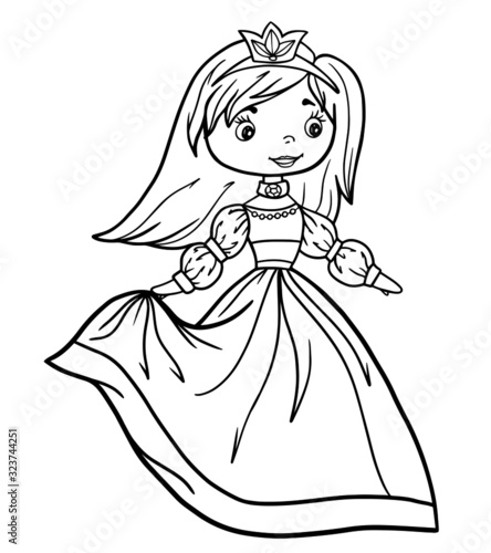 girl princess coloring book outline stroke illustration baby cute character vector page queen crown fairy tale
