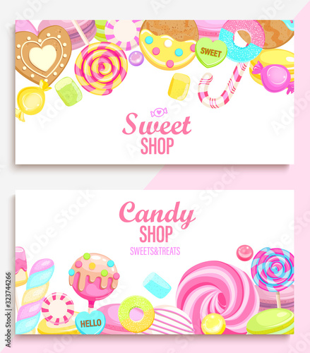 Set of candy and sweet shop banners with many sweets and place for text. Candy,macaroon,bonbon,lollypops,marshmallow,jellybean,candy cane, biscuit. Template for posters, menu,flyers. Vector.