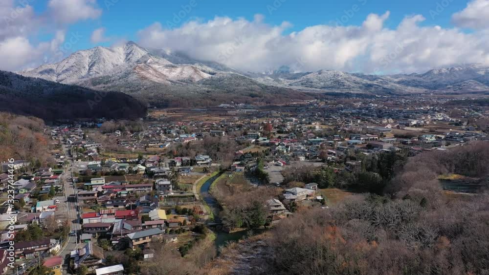Aerial view of scenic Japanese village Oshino Hakkai near Mount Fuji in late Autumn - landscape panorama of Japan from above, Asia Aerial view of scenic Japanese village Oshino Hakkai near Mount Fuji in late Autumn - landscape panorama of Japan from above, Asia
