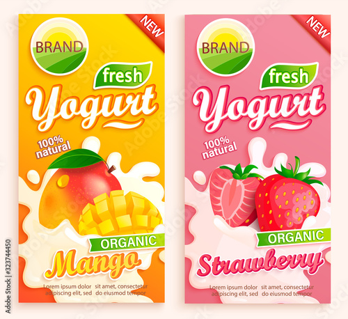 Set of mango and strawberry Yogurt labels. Natural and fresh fruits in milk splashes for your brand, logo, emblem for stores, packaging and advertising. Template for your design.Vector illustration.
