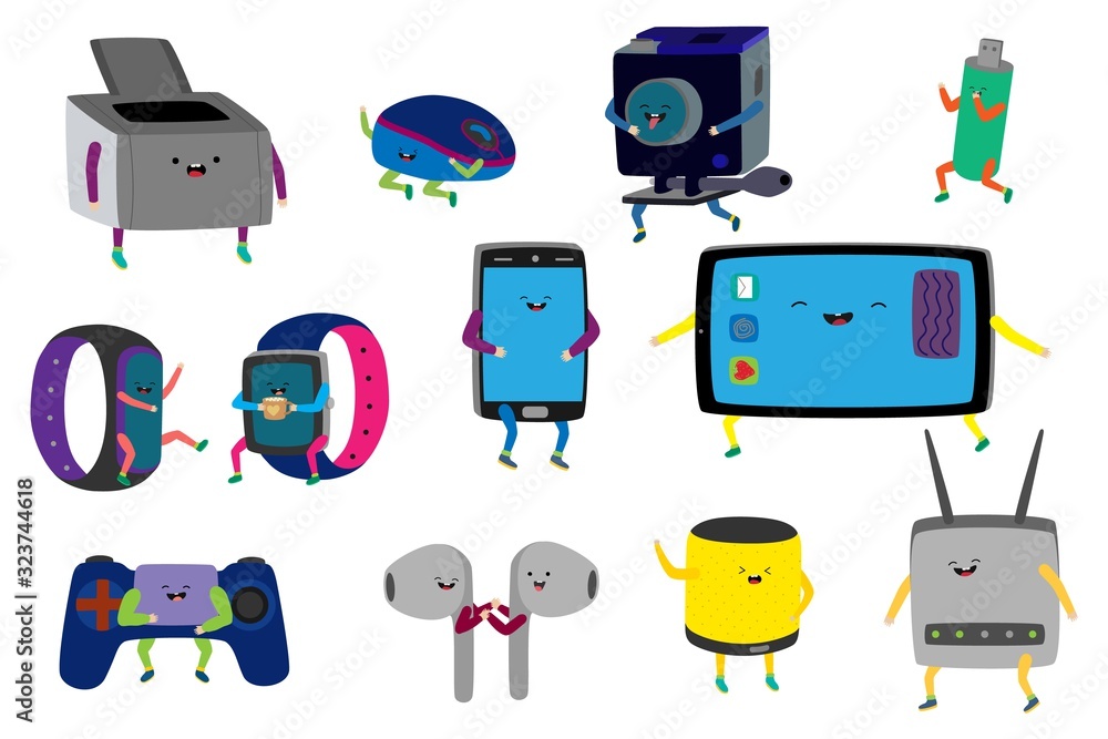 Cute gadgets cartoon characters, funny electronic device, isolated set ...