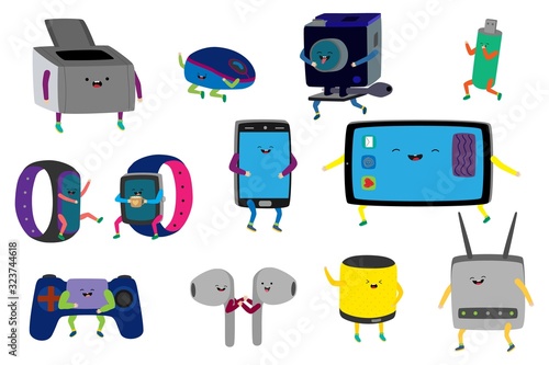 Cute gadgets cartoon characters, funny electronic device, isolated set vector illustration. Smartphone, headphones, fitness tracker, flash drive and router with smiling face. Modern gadget cute mascot