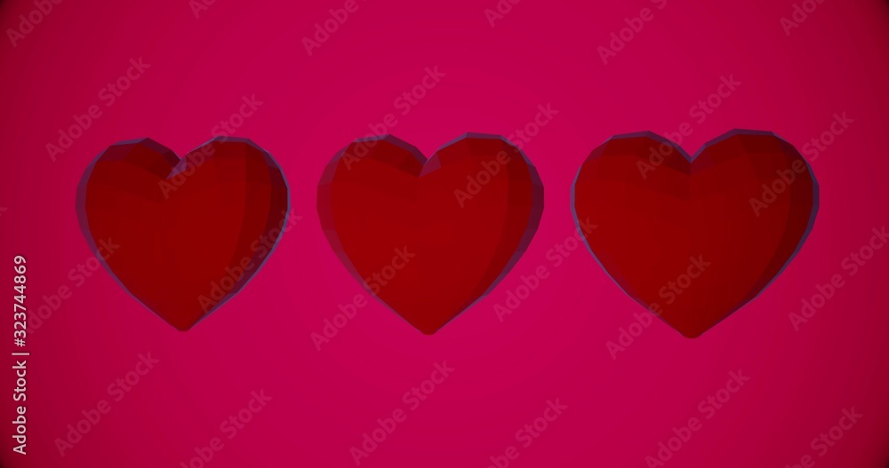 Romantic pattern with polygonal red hearts. For Valentine's Day event. Loop animation 4k. 3D rendering Romantic pattern with polygonal red hearts. For Valentine's Day event. Loop animation 4k. 3D rendering