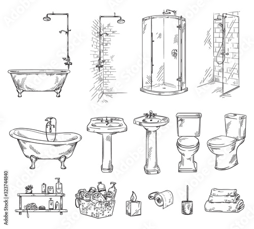 Set of bathroom objects: bathtub, shover, sink and toilet bowl. Bathroom accessories vector sketch.