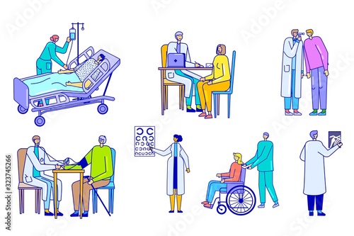 Doctor patient lineart characters, people in medical clinic, healthcare hospital, vector illustration. Set of isolated cartoon characters, doctor examines patient. Rehabilitation center nurse care