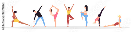 Male and Female Characters Sport Activities Set. People Doing Sports, Yoga Exercise, Fitness, Workout in Different Poses, Stretching, Healthy Lifestyle, Leisure. Flat style. Vector illustration