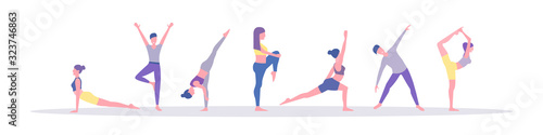 Fototapeta Naklejka Na Ścianę i Meble -  Male and Female Characters Sport Activities Set. People Doing Sports, Yoga Exercise, Fitness, Workout in Different Poses, Stretching, Healthy Lifestyle, Leisure. Flat style. Vector illustration