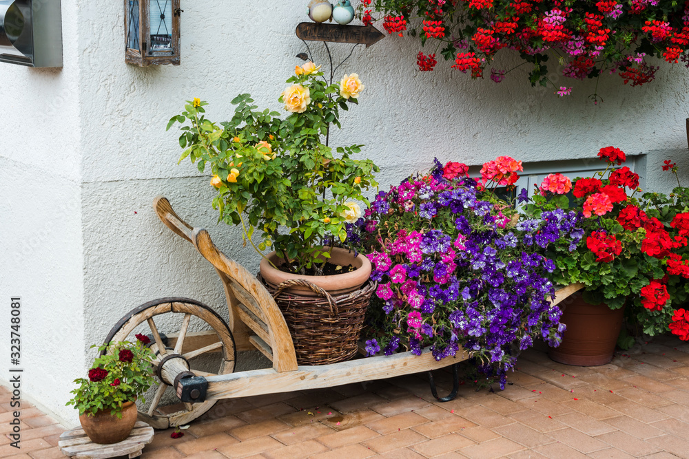 Holzschubkarre mit Blumenschmuck