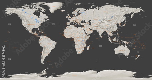 world map with capitals and descriptions on a dark background