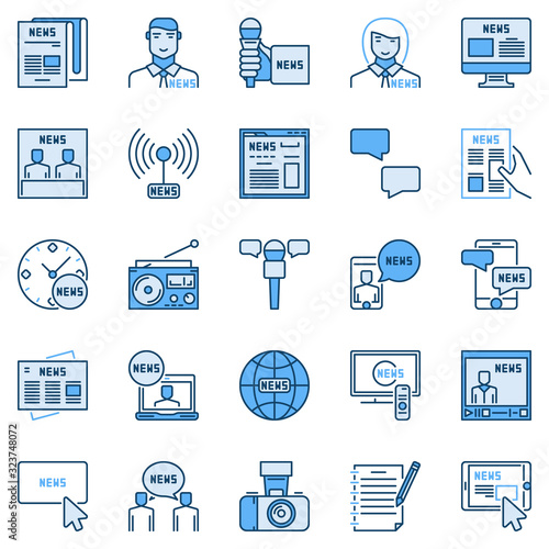 News colored icons collection. Vector set of reporter, newspaper, devices creative signs