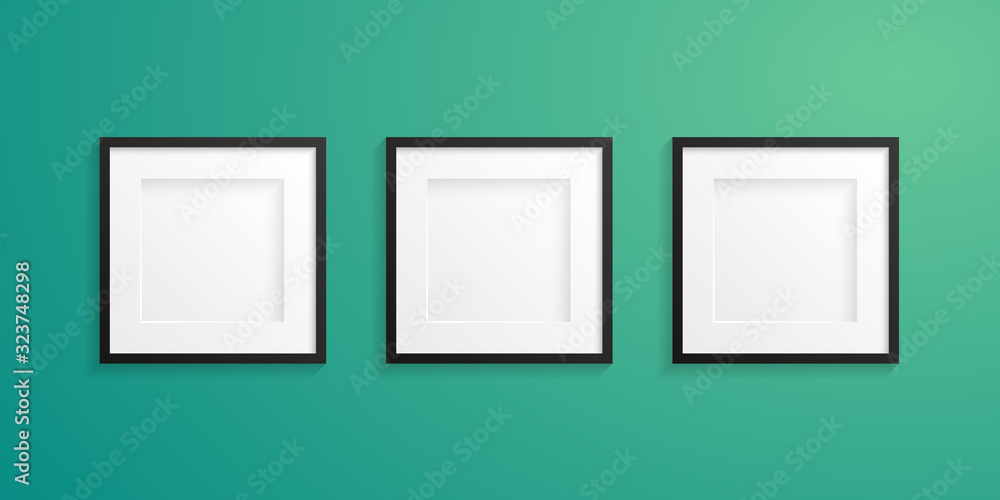 Front view of three realistic and modern white frames with black edge on a green colored wall - Mock-up - Free space for designer Front view of three realistic and modern white frames with black edge on a green colored wall - Mock-up - Free space for designer