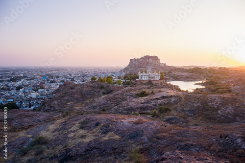 View of Jaswant Thada and Mehrangarh Fort in Jodhpur city in Rajasthan, India