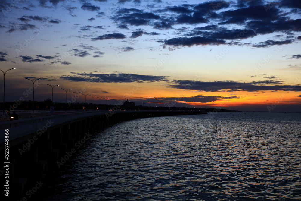 Sunset over new Chonburi Seaside Bridge, Thailand Sunset over new Chonburi Seaside Bridge, Thailand