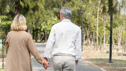 Back of man and woman holding hand and walking at park, Love marriage lifestyle goals, Happy retirement elder couple spending time, talking, sharing and relaxing together, life insurance concept  © winnievinzence