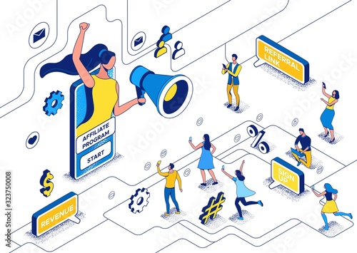 Influencer standing with megaphone and refer a friend to affiliate program, blogger and followers, people like post in social media network, 3d vector isometric illustration with outline and texture