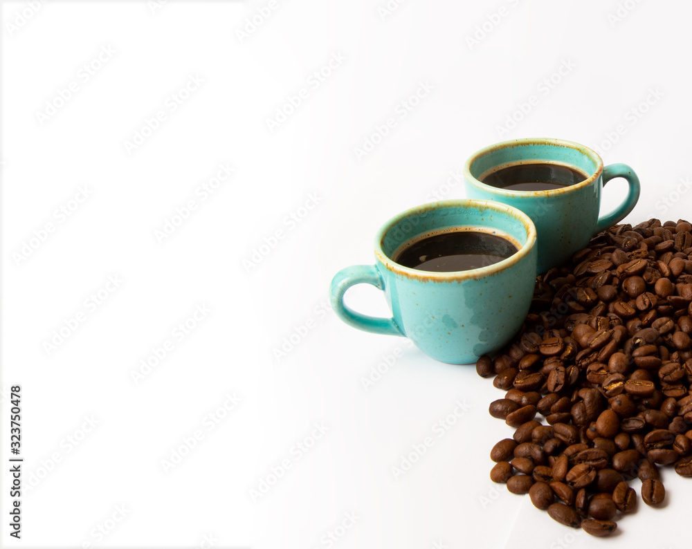 cup of coffee with beans. Studio shot, Close-up of coffee bean on white background. Set of fresh roasted coffee beans. copy space. cup of coffee with beans. Studio shot, Close-up of coffee bean on white background. Set of fresh roasted coffee beans. copy space.