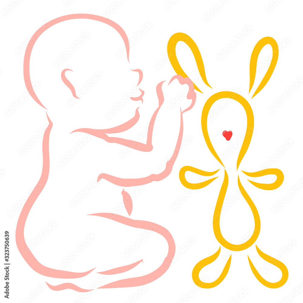 Obraz premium baby plays with a hare or trusts him a secret