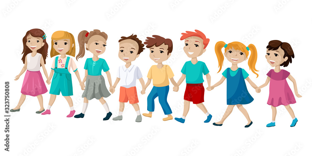 The group of children holding hands and cross the road. Vector illustration The group of children holding hands and cross the road. Vector illustration