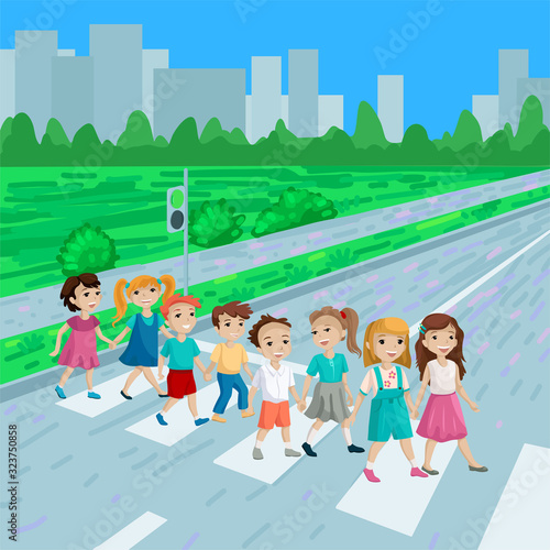 The group of children holding hands and cross the road. Vector illustration