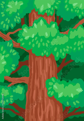 Oak tree trunk with green foliage. Vector illustration