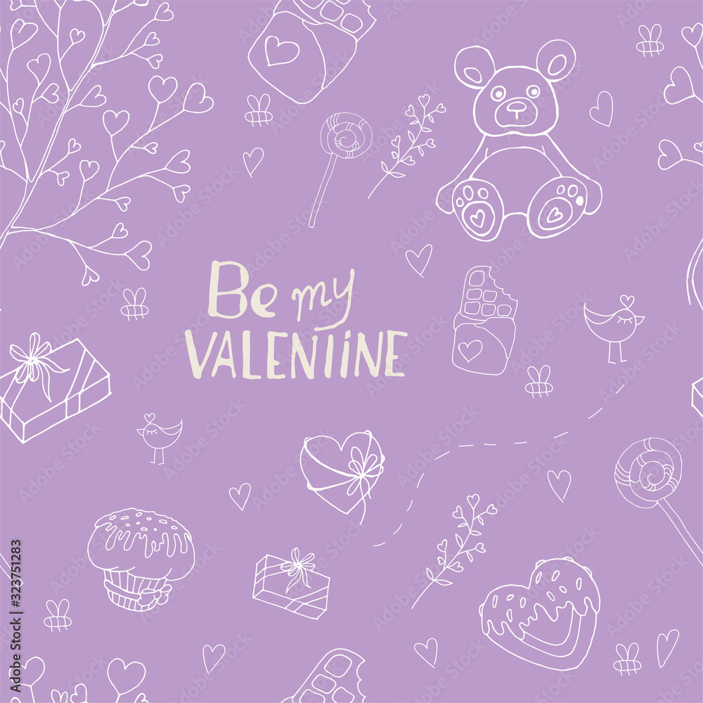 Festive seamless pattern. Valentine's day pattern. Vector illustration. Be my Valentine. Violet background. White outline