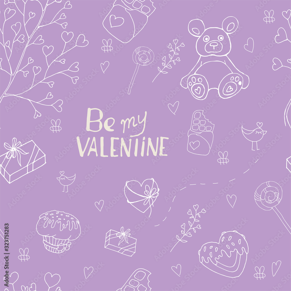 Festive seamless pattern. Valentine's day pattern. Vector illustration. Be my Valentine. Violet background. White outline Festive seamless pattern. Valentine's day pattern. Vector illustration. Be my Valentine. Violet background. White outline