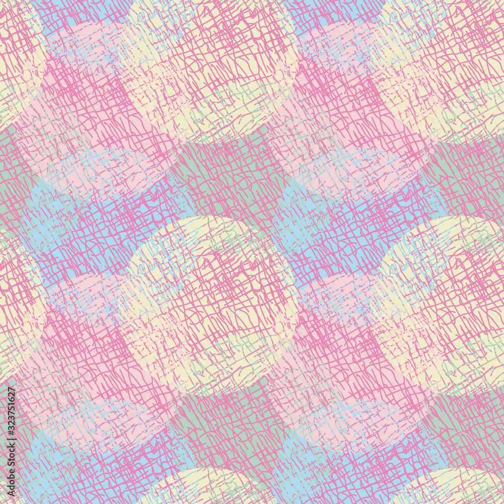 Pastel textured overlapping circles seamless vector pattern. Decorative girly surface print design in yellow blue pink and green.