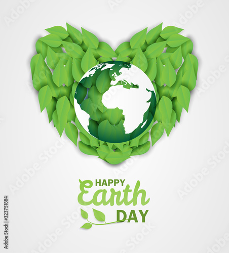 Happy earth day . Ecology concept. Design with leaves in the globe map on white background. Vector.