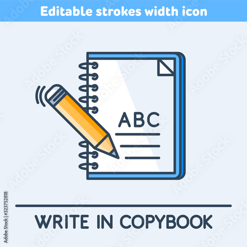 A school copybook outline color icon. A study notebook and pencil linear symbol. Concept of education, Back to school. A pen is writting a letters. Vector illustration with editable strokes width.