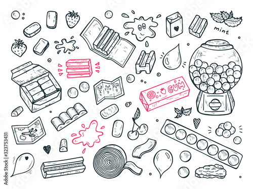 Bubble Gum Set. Hand Drawn Doodle Chewing Gums and Candy. Sweets. Vector illustration