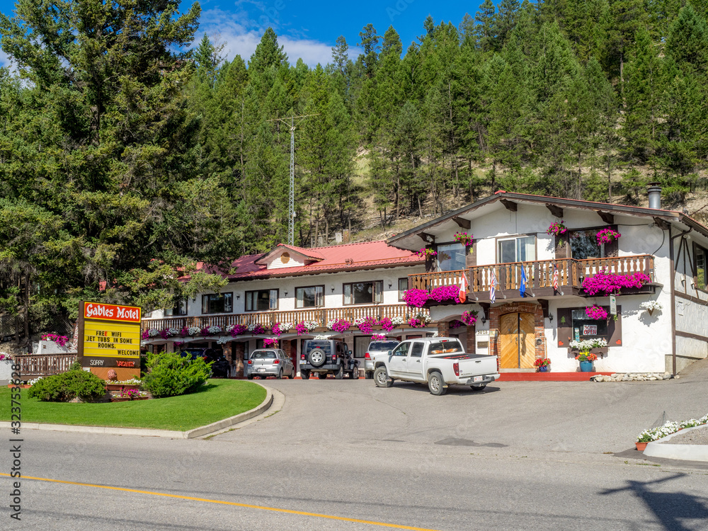 Hotels in the town of Radium Hot Springs sign on August 8, 2015 in the