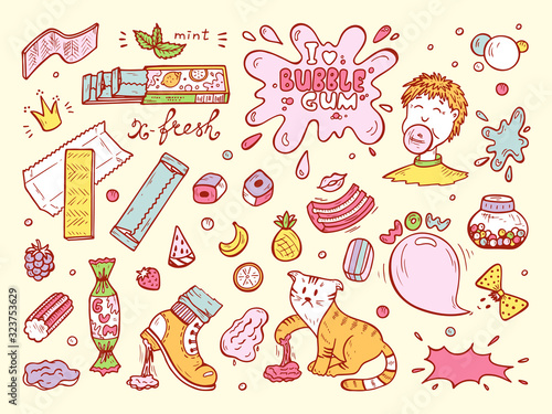 Sweets. Bubble Gum Set. Hand Drawn Doodle Chewing Gums and Candy. Vector illustration