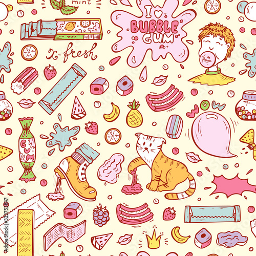 Bubble Gum Vector Seamless pattern. Hand Drawn Doodle Chewing Gums and Candy. Sweets Colorful background