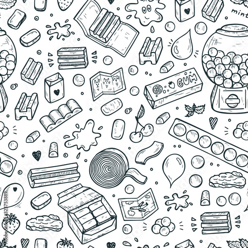Bubble Gum Seamless pattern. Hand Drawn Doodle Chewing Gums and Candy. Sweets Black and white background. Vector illustration